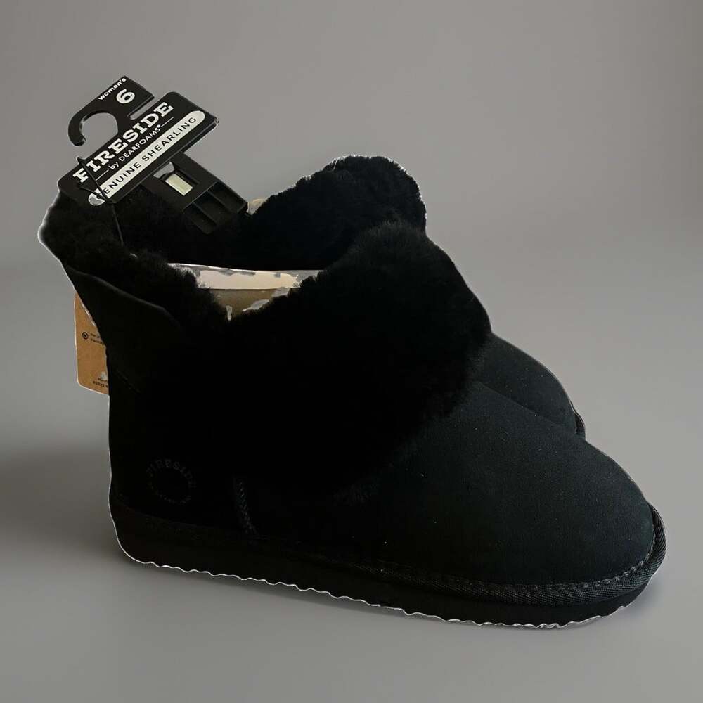 Dearfoams Fireside Shearling Slippers Womens Size 6 Black Booties NWT